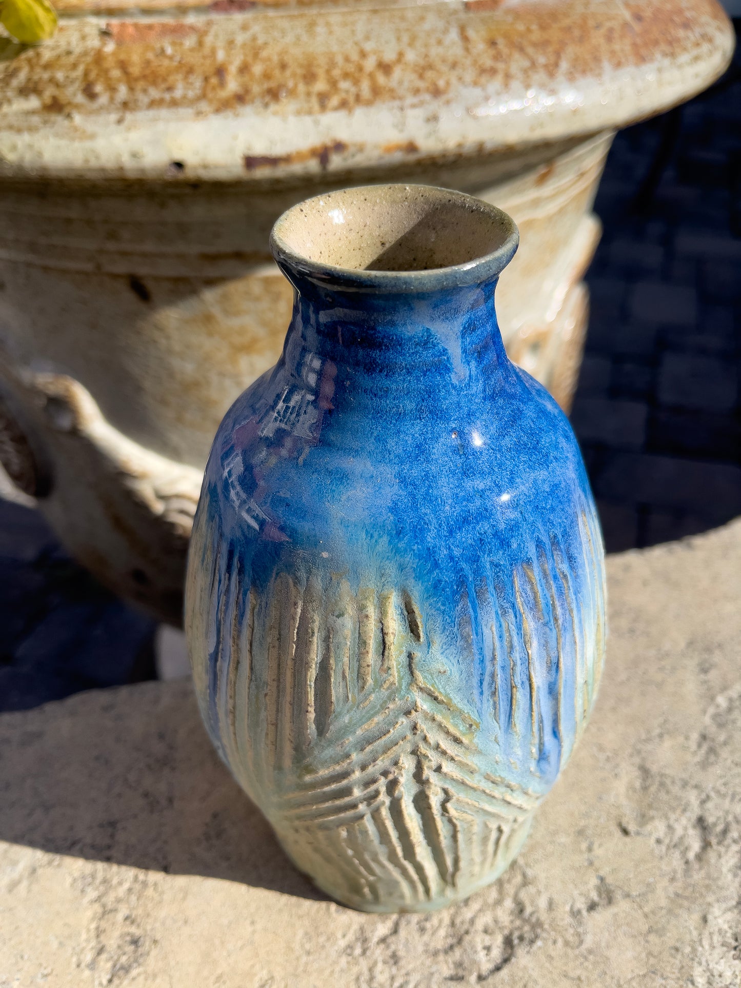 Stoneware Ceramic Vase with Blue Glaze, Wheel Thrown, Textured