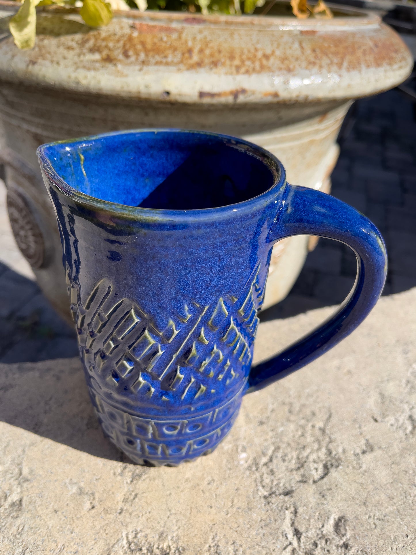 Stoneware Ceramic Pitcher with Blue Glaze, Wheel Thrown, Textured
