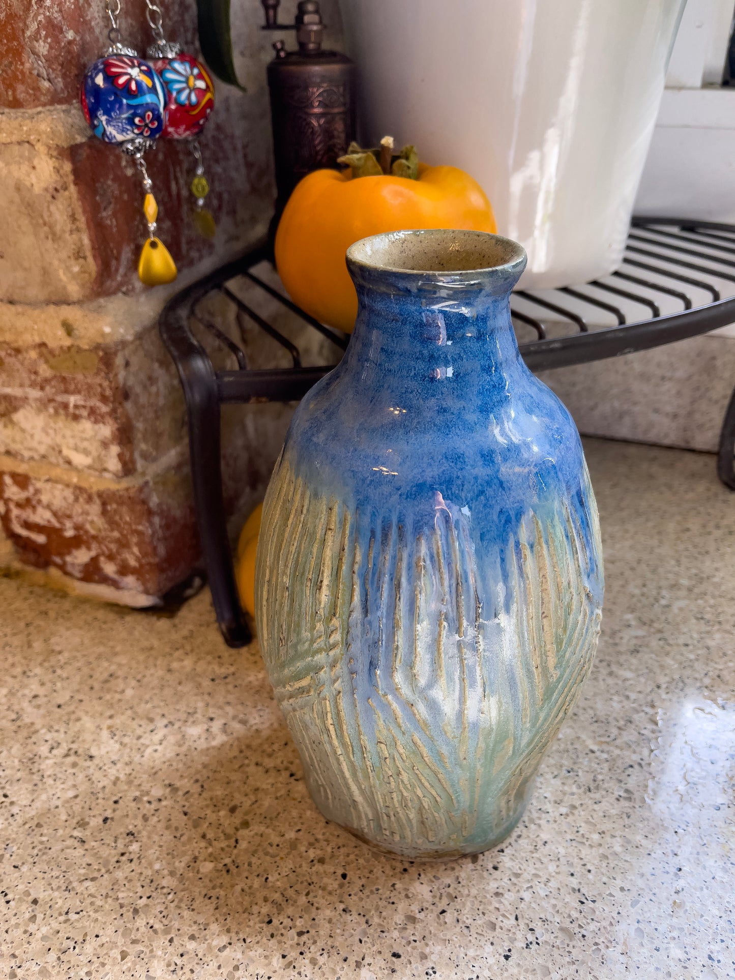 Stoneware Ceramic Vase with Blue Glaze, Wheel Thrown, Textured