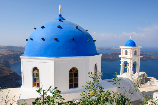 Blue Domed Church in Santorini, Greece