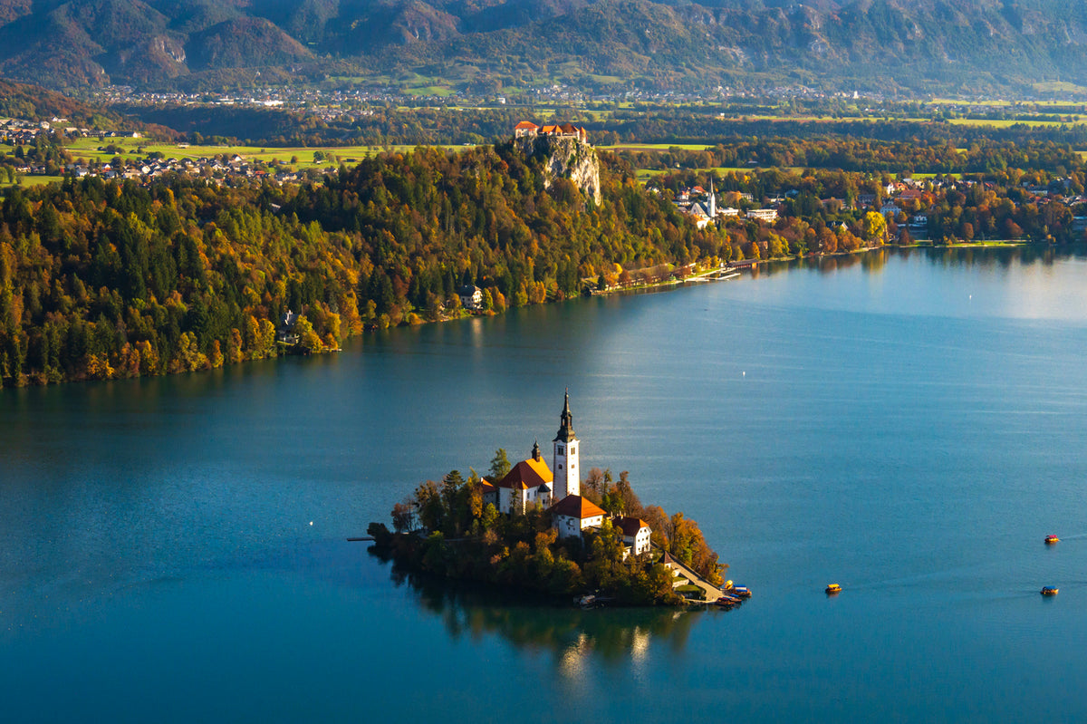 Lake Bled and Church, Overlook, Autumn Color, Slovenia