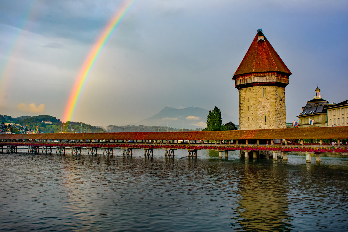 Chapel Bridge and Water Tower in Lucerne, Switzerland — Rainbow over Lake Lucerne