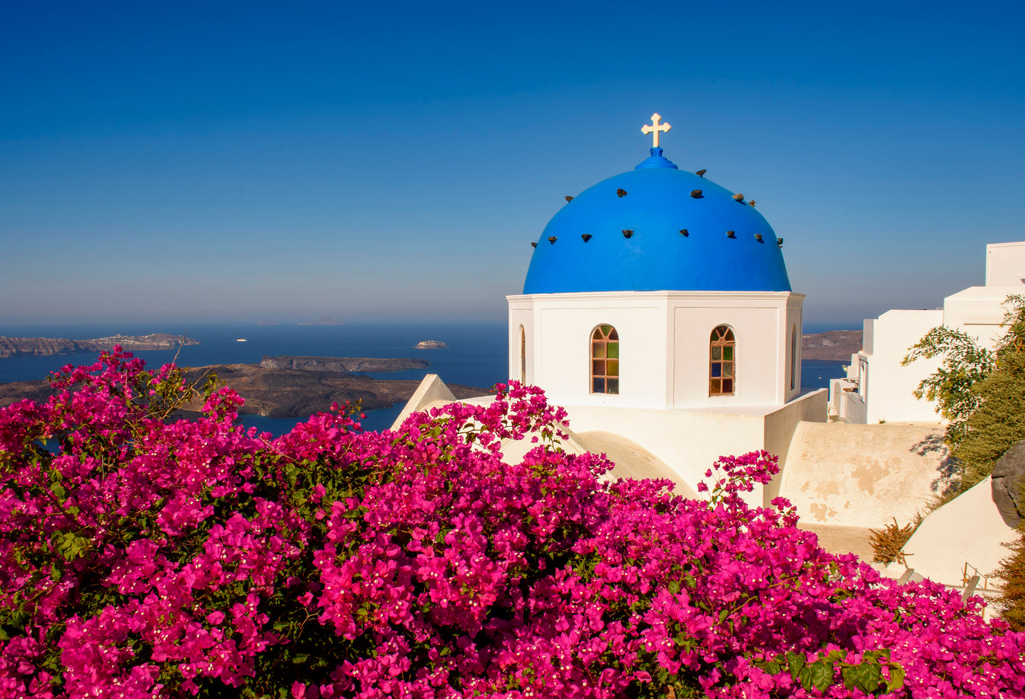 Santorini Church with Bougainvillea
