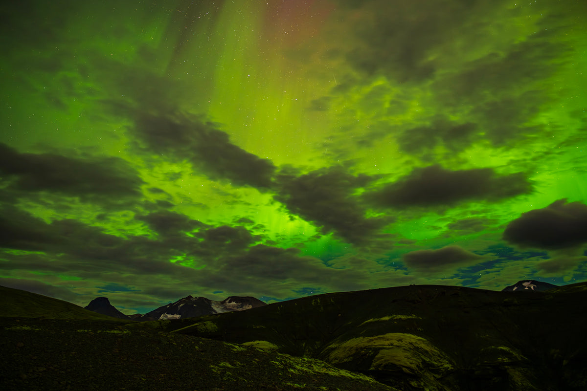 Bright green aurora borealis above Icelandic highlands