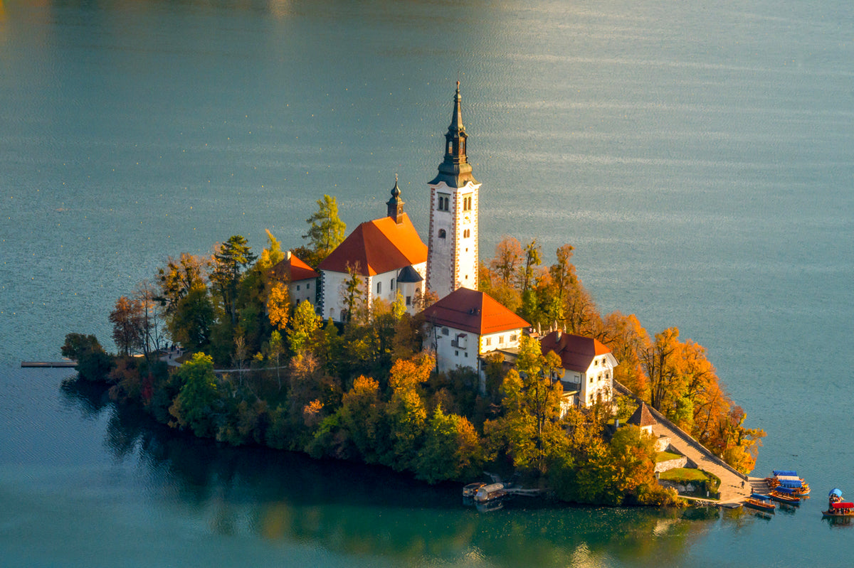 Lake Bled and Church, Overlook, Autumn Color, Slovenia