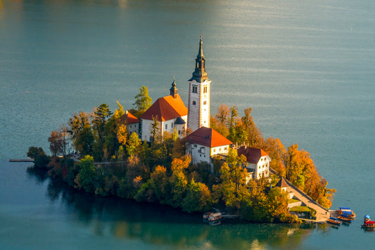 Lake Bled and Church, Overlook, Autumn Color, Slovenia